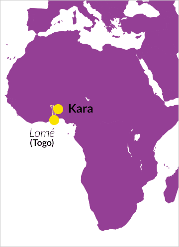 Lage von Togo auf einer Karte von Afrika, mit Verweis auf die Stadt Kara