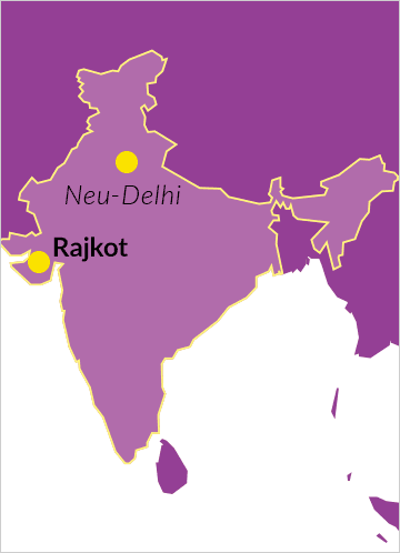 Karte von Indien mit dem Ort Rajkot im Bundesstaat Gujarat sowie der Hauptstadt Neu-Delhi
