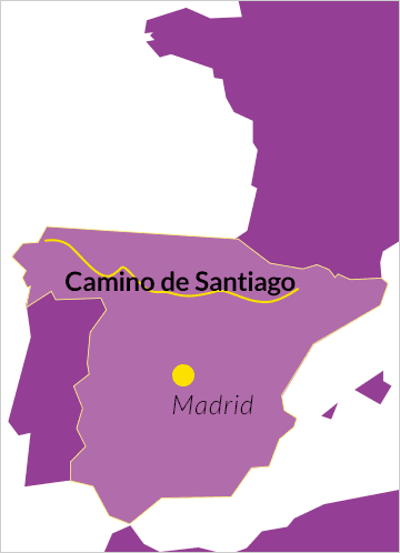Landkarte von Spanien mit Hinweis auf den Camino de Santiago