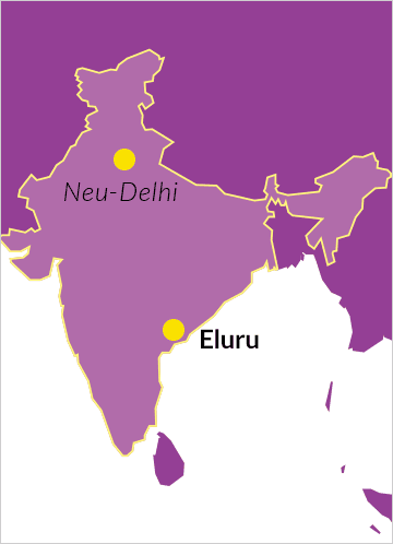 Landkarte von Indien mit Hinweis auf Eluru im Bundesstaat Andhra Pradesh sowie die Hauptstadt Neu-Delhi