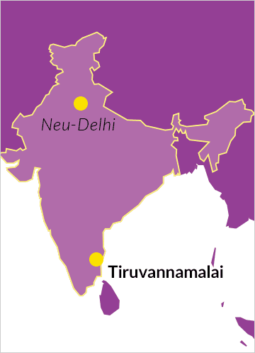 Landkarte von Indien mit Hinweis auf Tiruvannamalai im Bundesstaat Tamil Nadu sowie die Hauptstadt Neu-Delhi