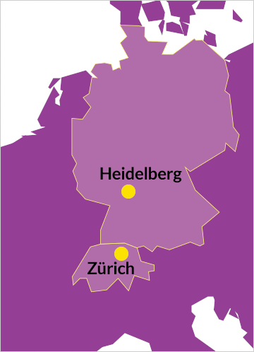Deutschland und Schweiz; Heidelberg und Zürich hervorgehoben