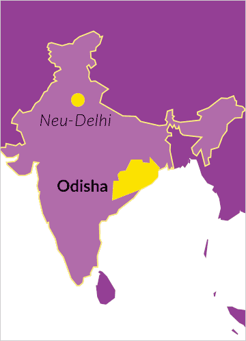 Karte von Indien mit Verweis auf den Bundesstaat Odisha sowie der Hauptstadt Neu-Delhi