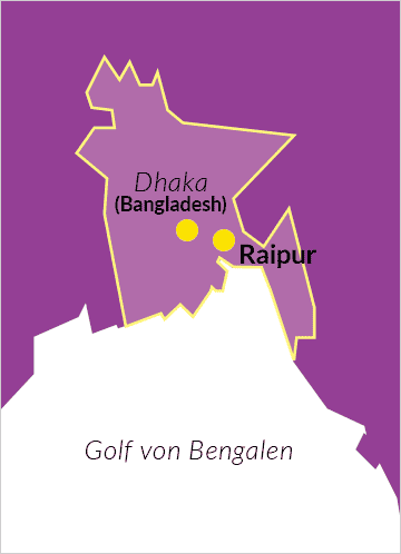 Karte von Bangladesch mit Verweis auf die Hauptstadt Dhaka und Raipur
