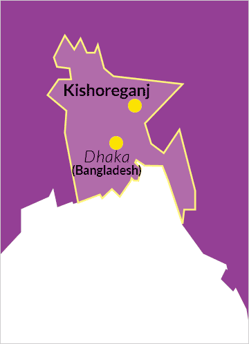 Karte von Bangladesh mit Verweis auf den Distrikt Kishoreganj sowie die Hauptstadt Dhaka