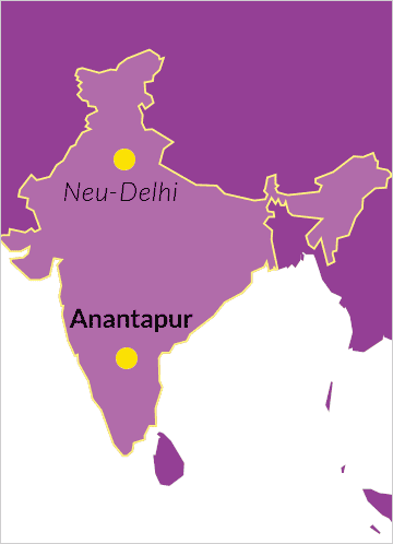 Landkarte von Indien mit Verweis auf Anantapur sowie die Hauptstadt Neu-Delhi